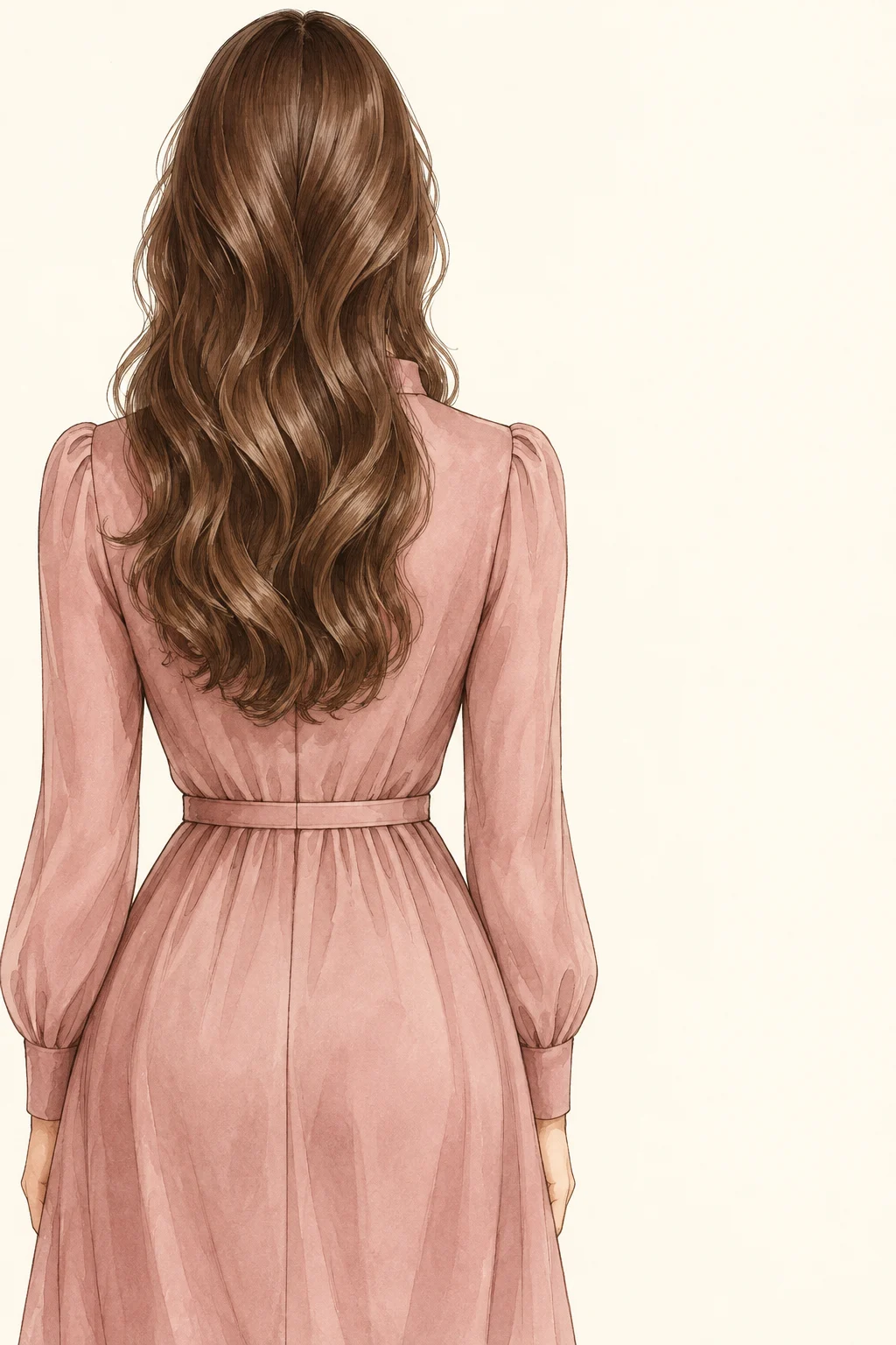 Illustration d'une femme de dos, cheveux longs ondulés châtains sous les omoplates