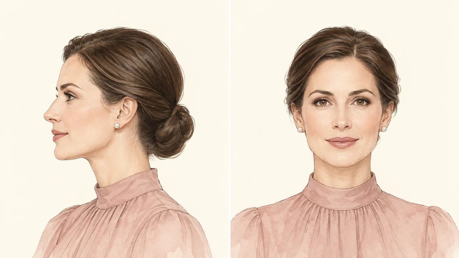 Illustration d'une femme coiffée en chignon bas, de profil et de face