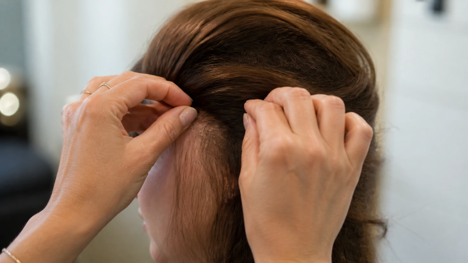 Perruquière ajustant une perruque invisible sur une femme ayant encore des cheveux