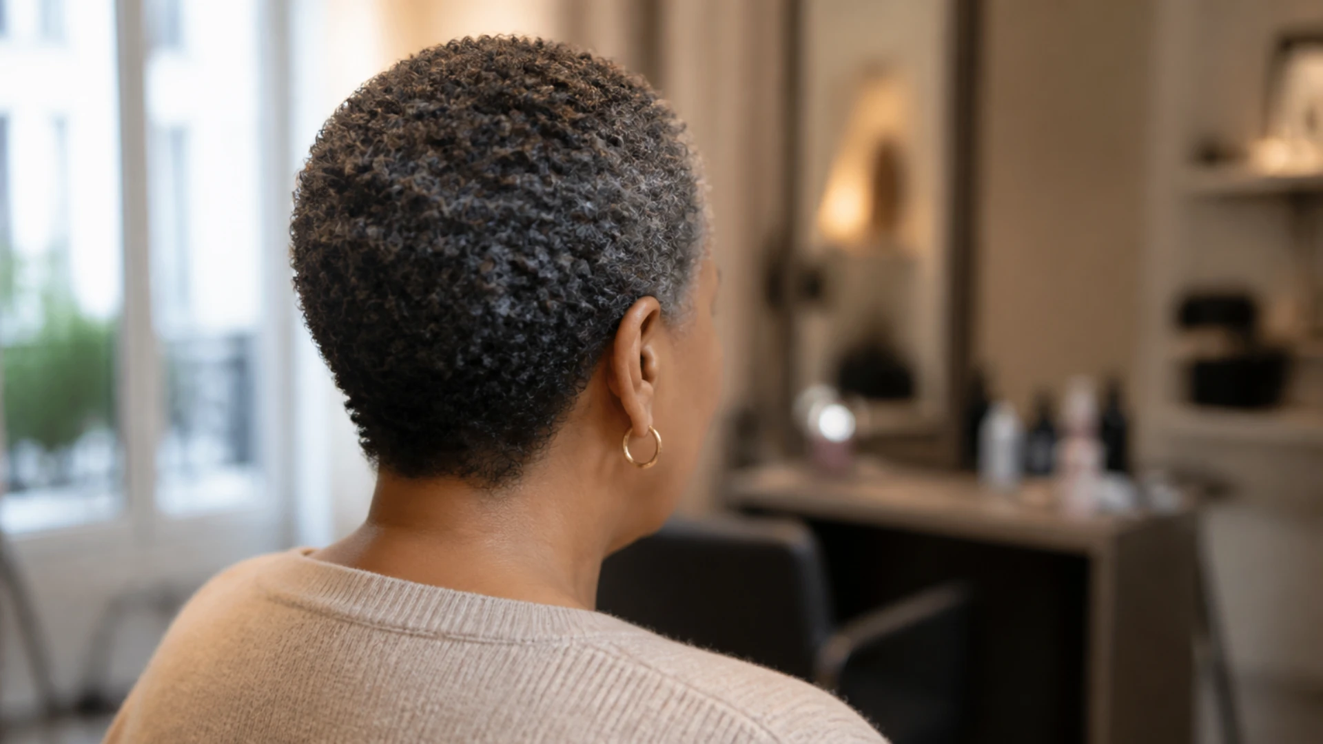 Repousse des cheveux après chimio, boucles courtes et serrées vues de dos