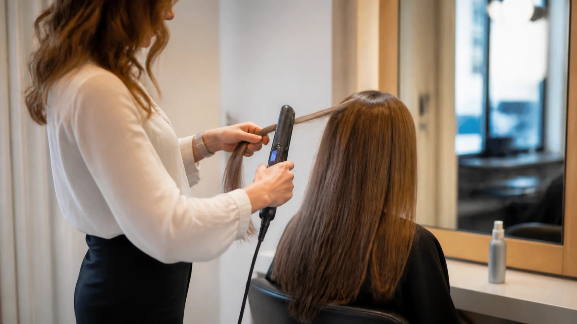 Lissage au fer d'une perruque en cheveux naturels avec protecteur thermique et température modérée