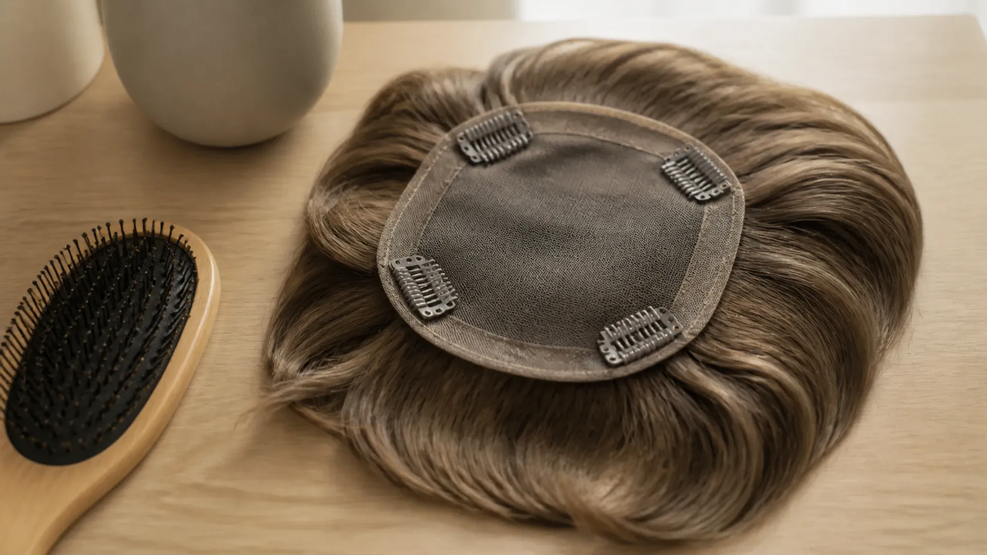 Topper volumateur capillaire en cheveux naturels retourné, base en tulle et clips visibles
