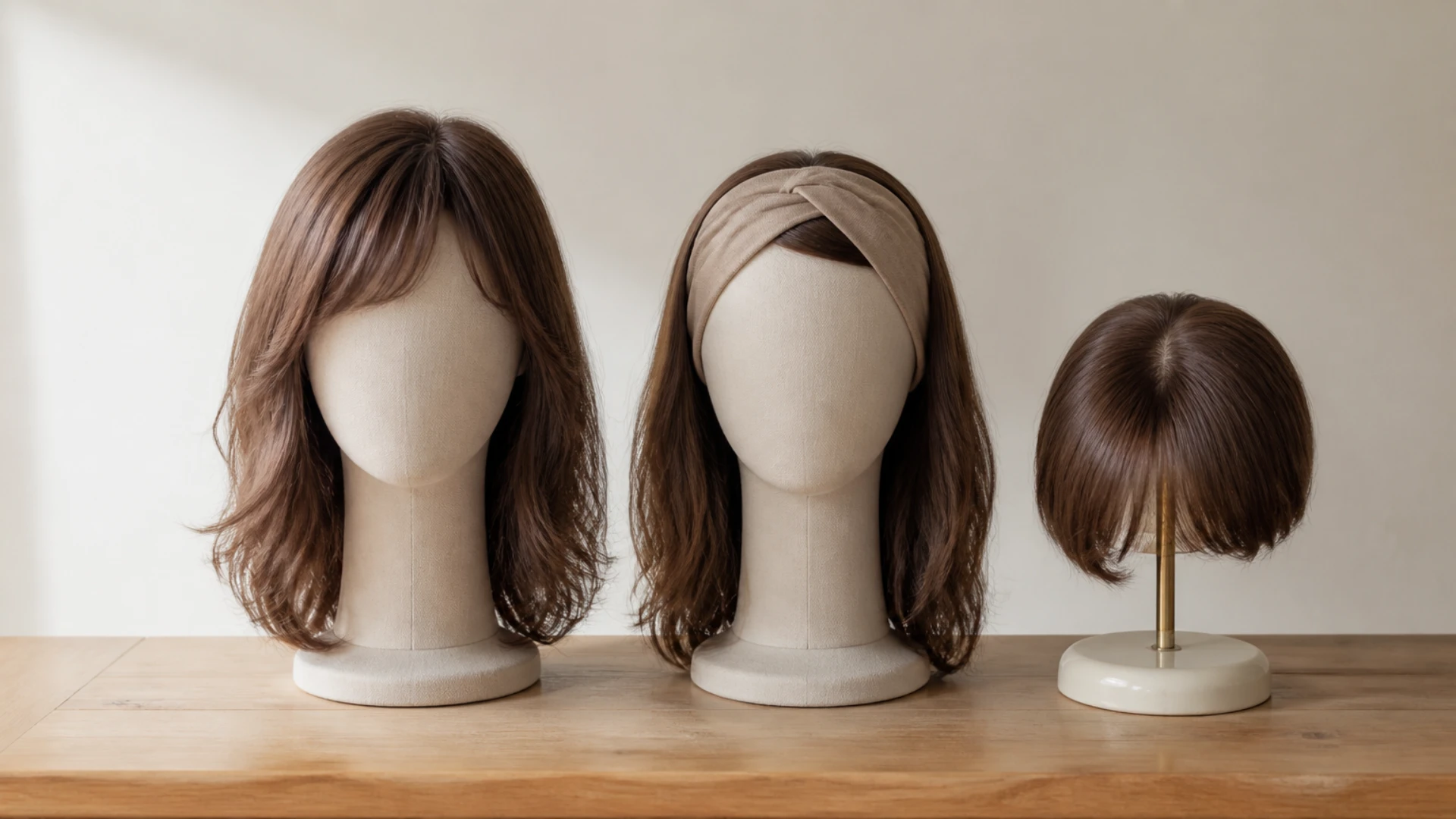 Perruque complète, demi-perruque à bandeau et topper cheveux naturels comparés côte à côte