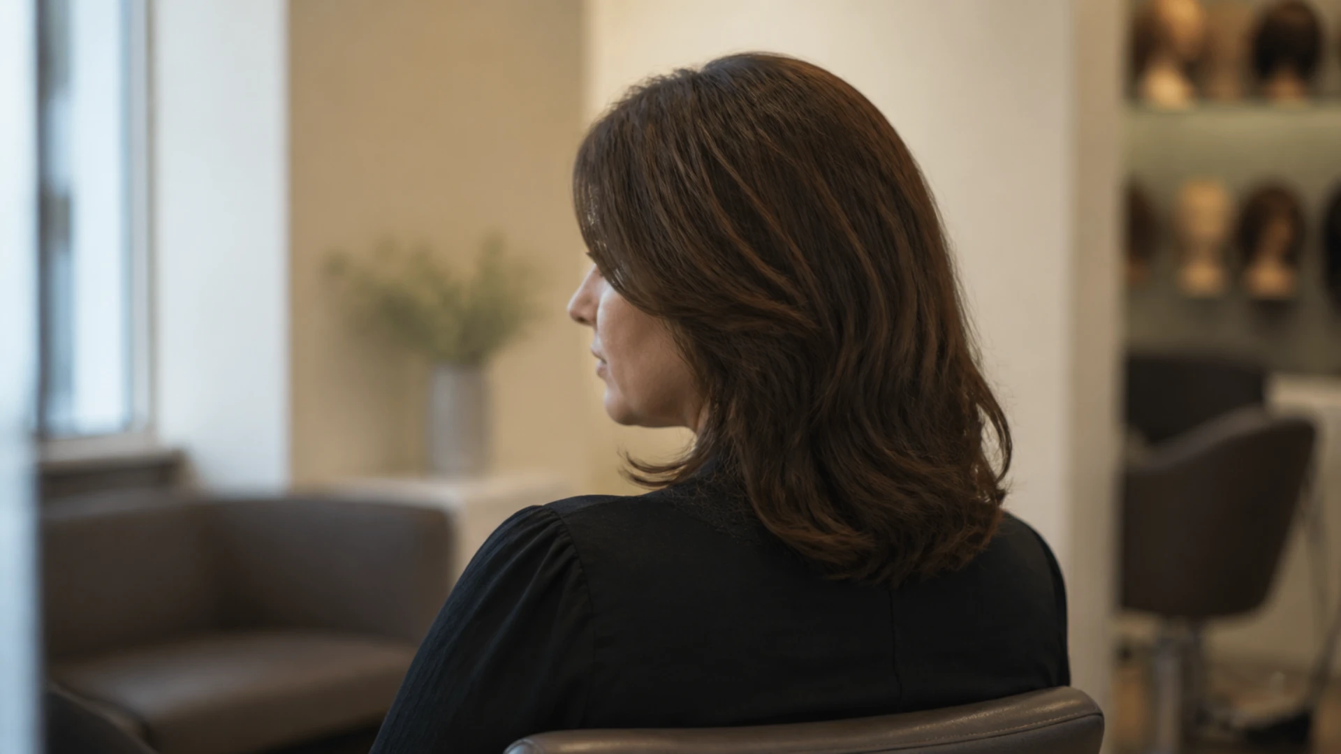 Femme portant une perruque en cheveux naturels mi-longue, vue de trois quarts arrière au salon