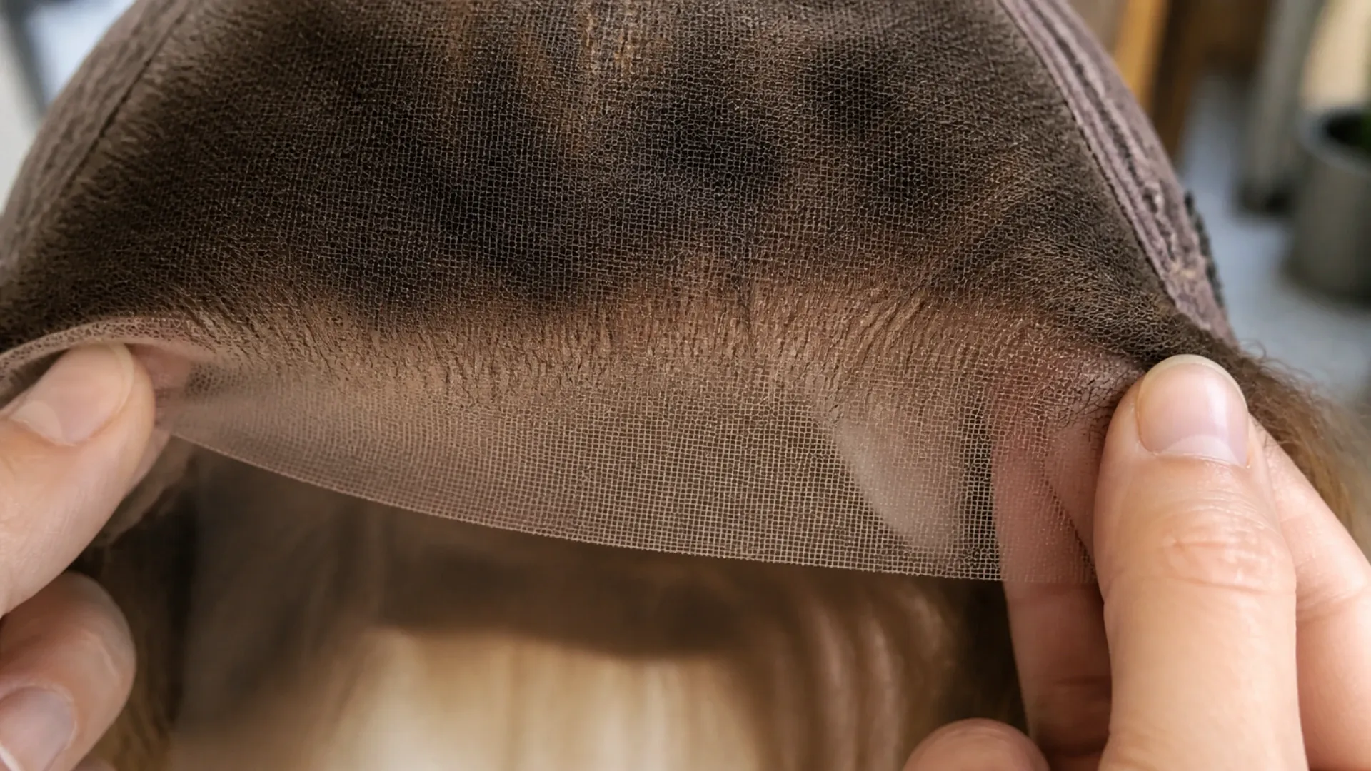 Gros plan de la bande de tulle d'une perruque lace front avec ses cheveux noués à la main