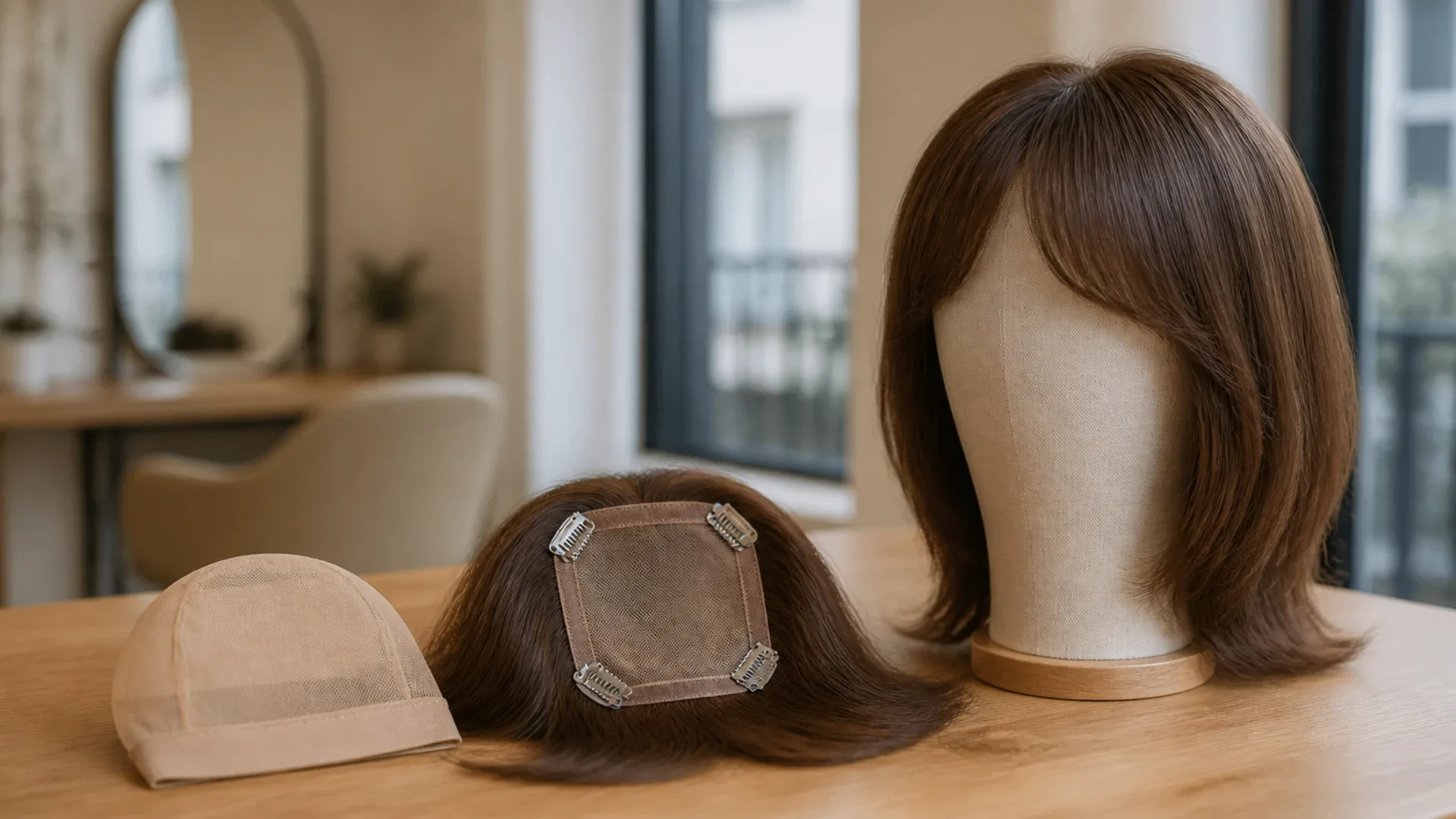Bonnet doux, pièce partielle et perruque complète pour cacher une pelade