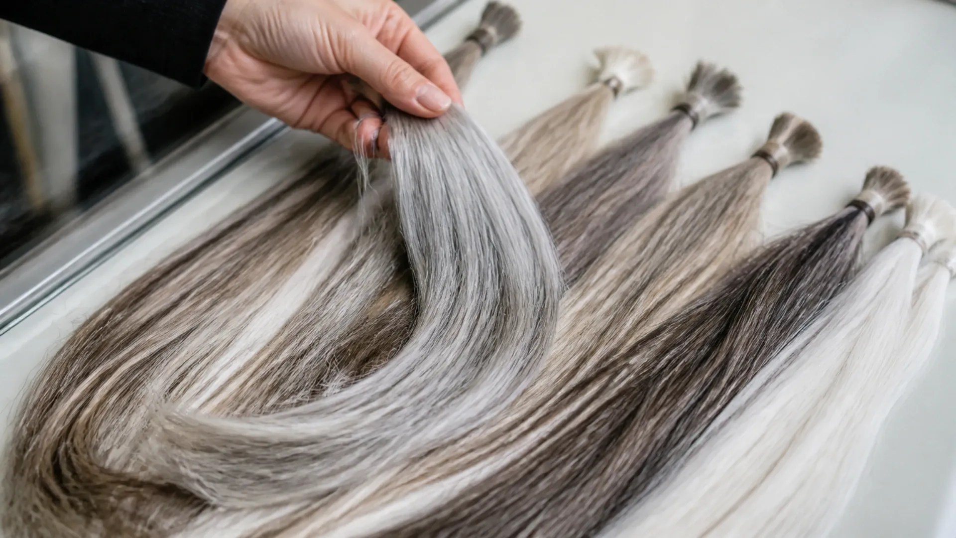 Mèches de perruque grise, poivre et sel et blanche en cheveux naturels comparées pour choisir la nuance selon le teint