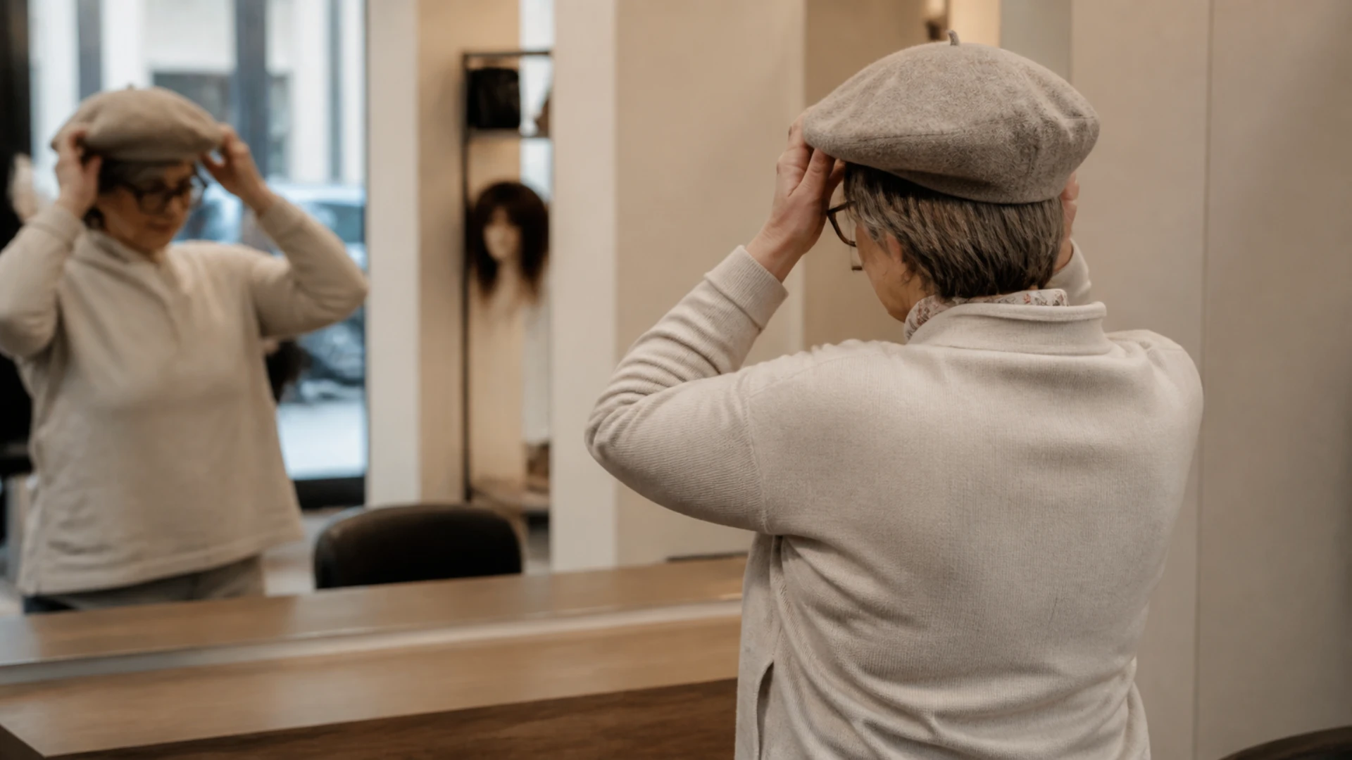Femme de 70 ans portant une perruque courte grise en cheveux naturels avec des lunettes et un béret