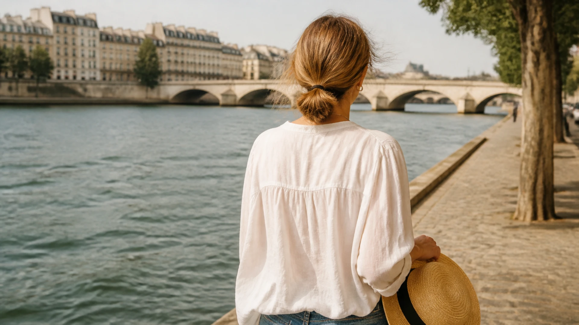 Femme portant une perruque en été sur un quai parisien, cheveux relevés pour avoir moins chaud