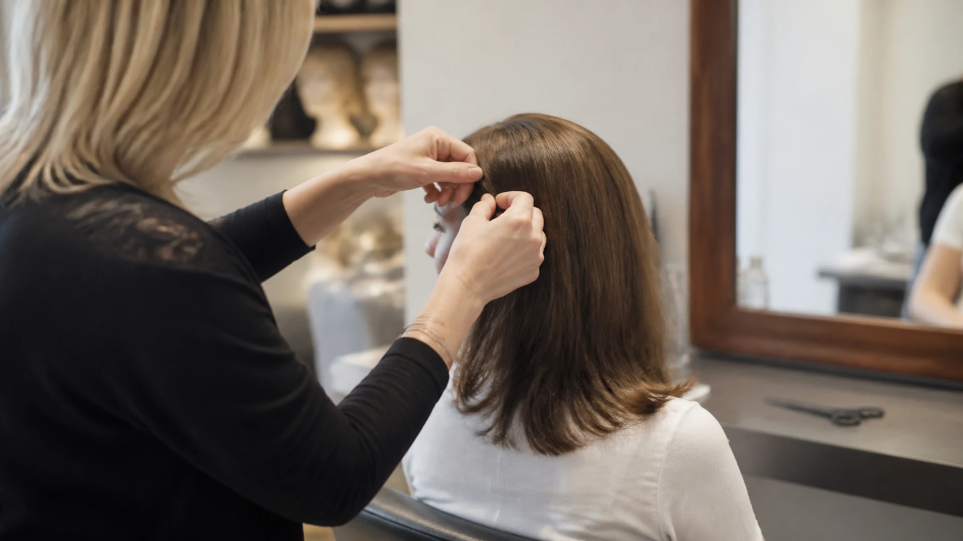 Perruquière ajustant un sheitel sur une cliente dans son salon de Paris 19e
