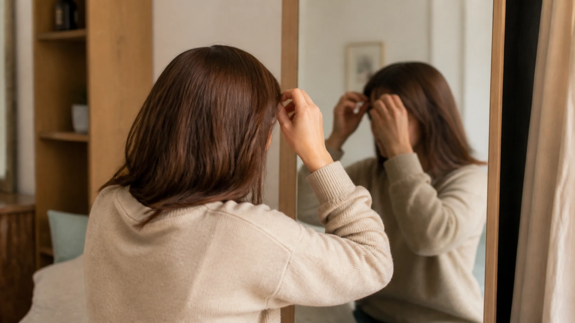 Jeune femme s'entraînant chez elle à poser son premier sheitel devant un miroir