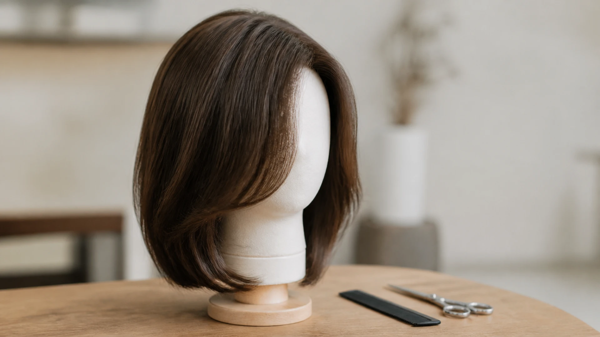 Sheitel de kalla aux épaules sur tête de polystyrène, prêt pour la coupe et le second essayage
