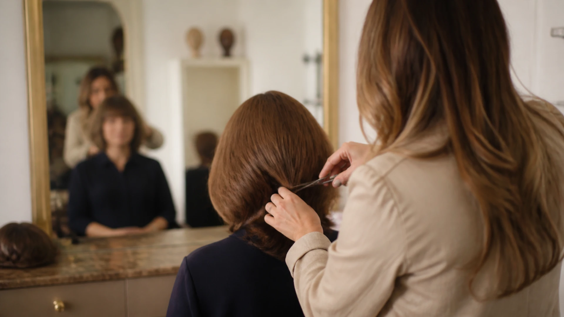 Perruquière coupant une prothèse capillaire en cheveux naturels sur la tête d'une cliente au salon