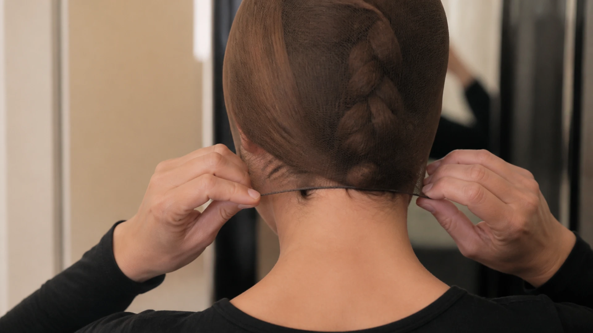Femme vue de dos qui met un bonnet filet sous sa perruque sur des cheveux tressés à plat