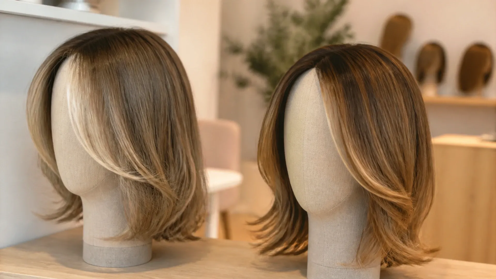 Perruque blonde et perruque châtain avec racines plus sombres et balayage fondu sur supports de rangement