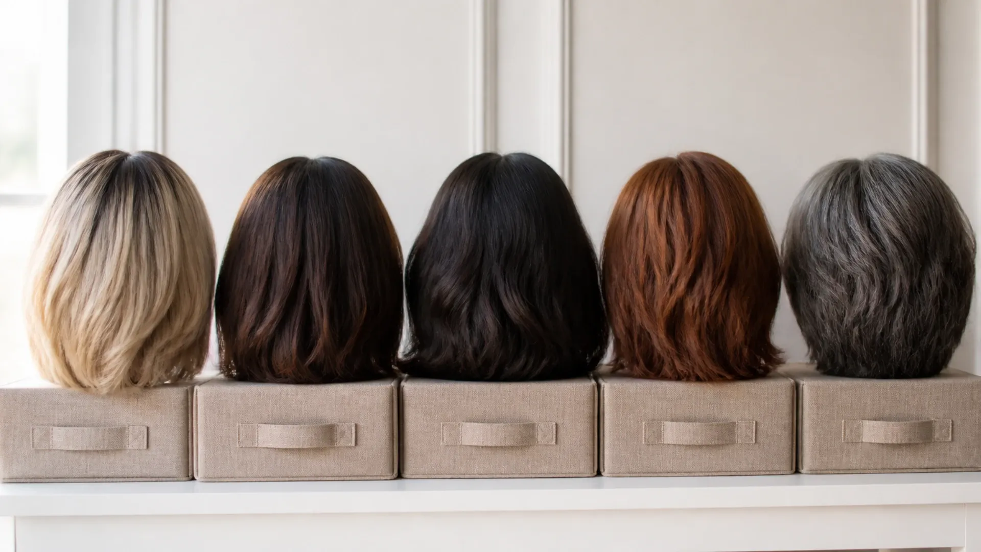 Perruques blonde, brune, noire, rousse et grise en cheveux naturels alignées sur des supports