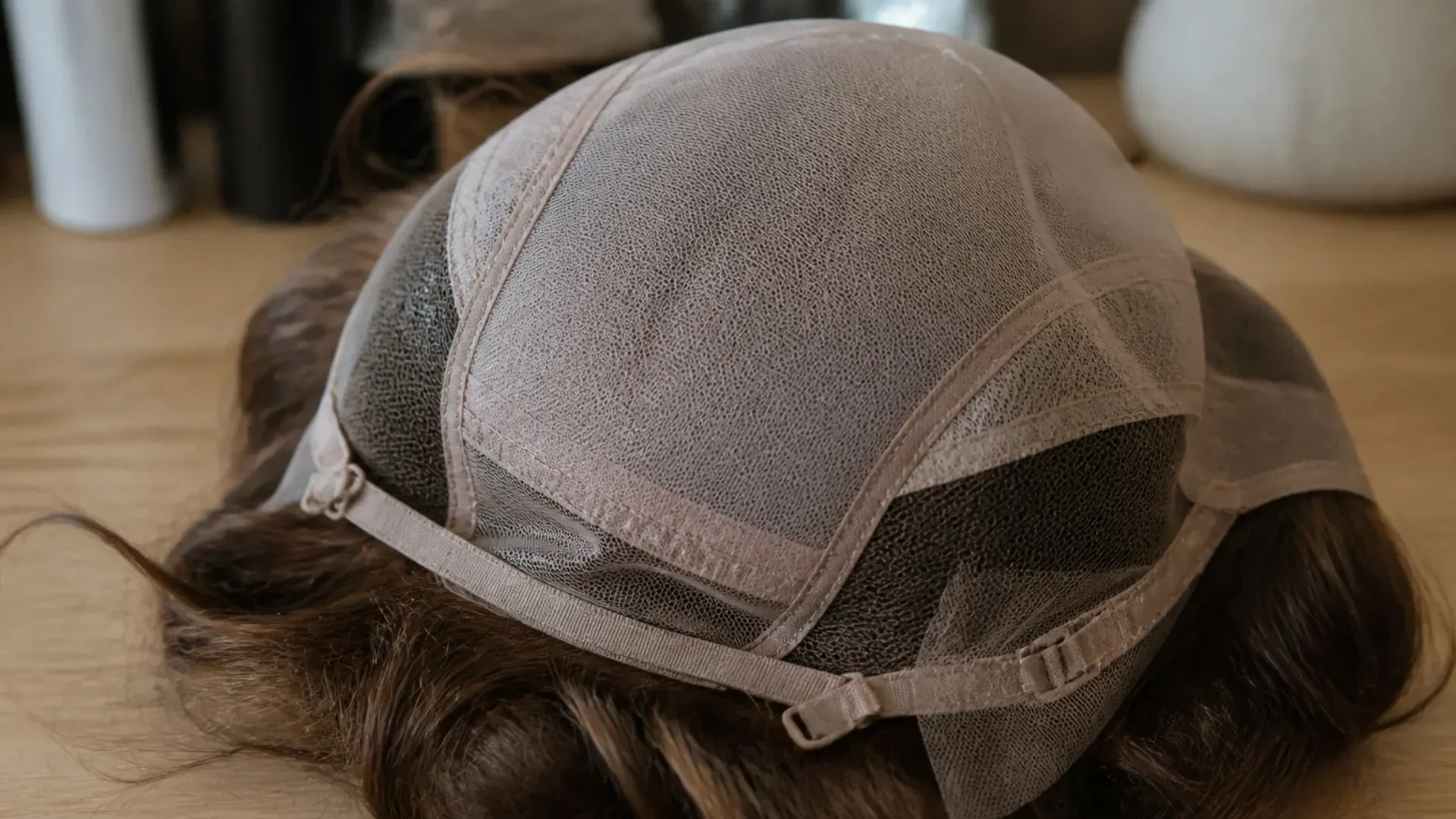 Envers d'un bonnet monofilament noué à la main avec tulle sur le devant d'une perruque de qualité