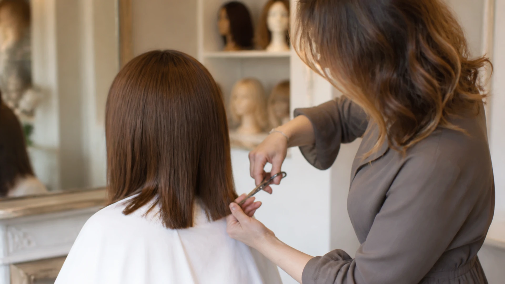 Perruquière qui coupe une perruque en cheveux naturels sur la tête d'une cliente au salon