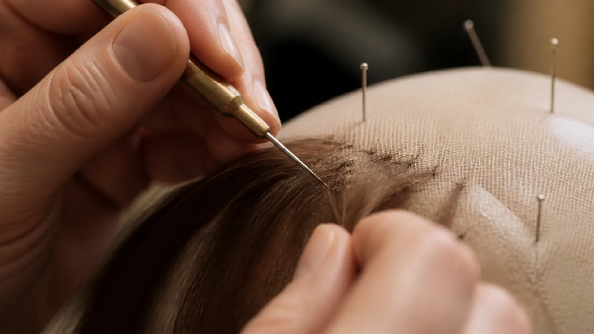 Réparation d'une perruque abîmée par renouage de cheveux à l'aiguille sur une zone clairsemée