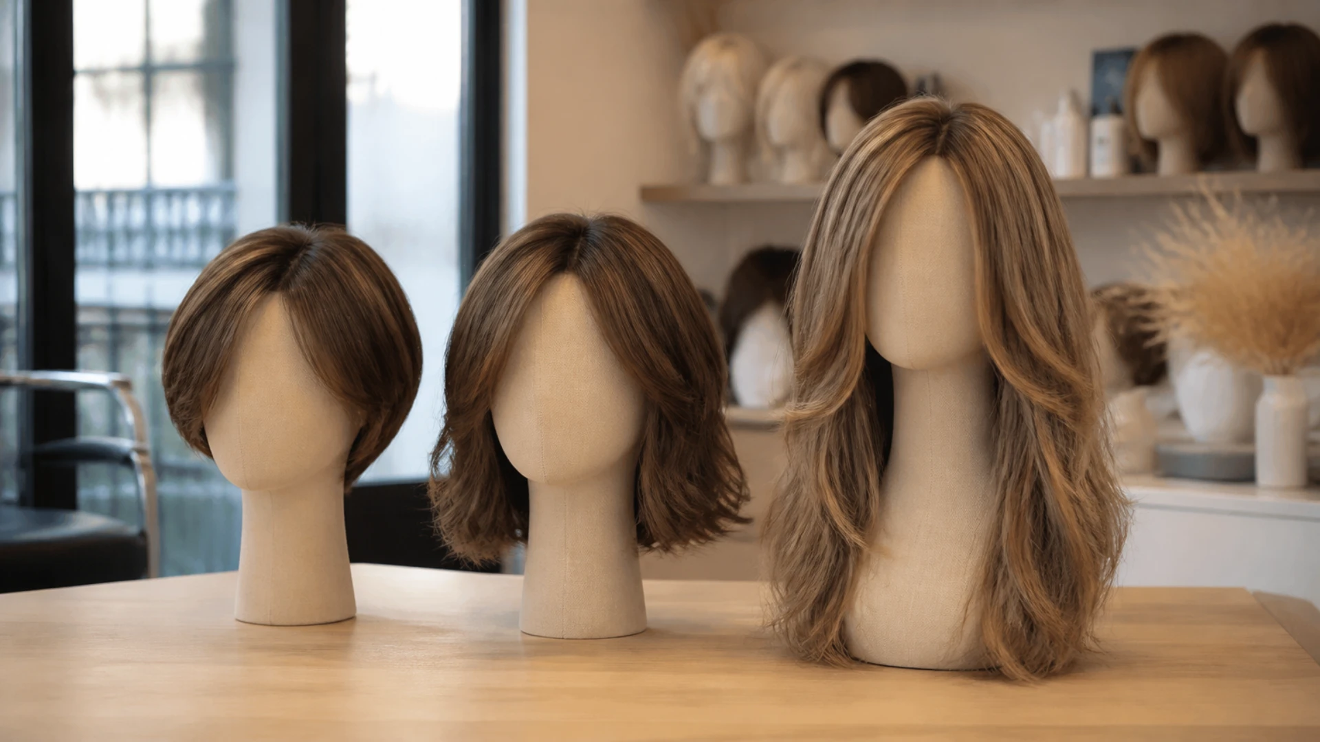 Trois perruques en cheveux naturels de longueur courte, mi-longue et longue comparées côte à côte