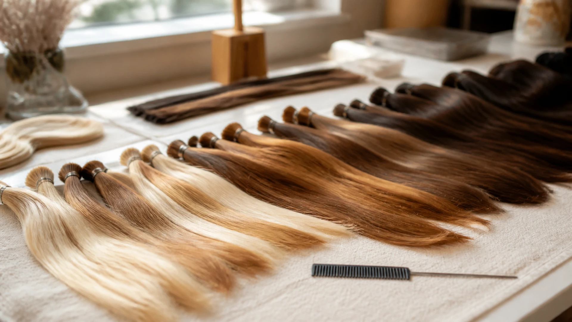 Mèches de cheveux naturels triées par couleur et par longueur sur un plan de travail