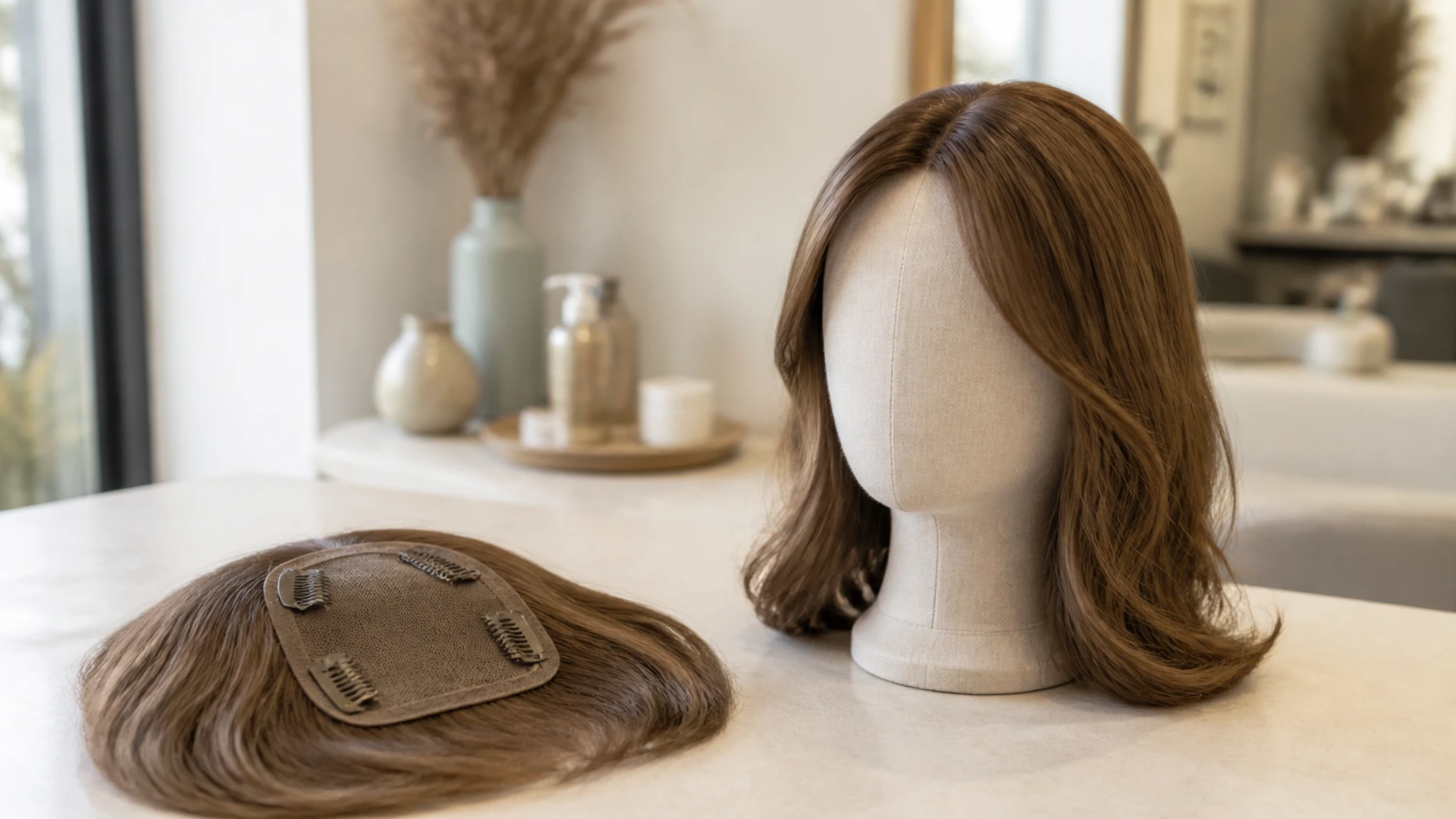 Complément capillaire topper à clips à côté d'une perruque complète en cheveux naturels