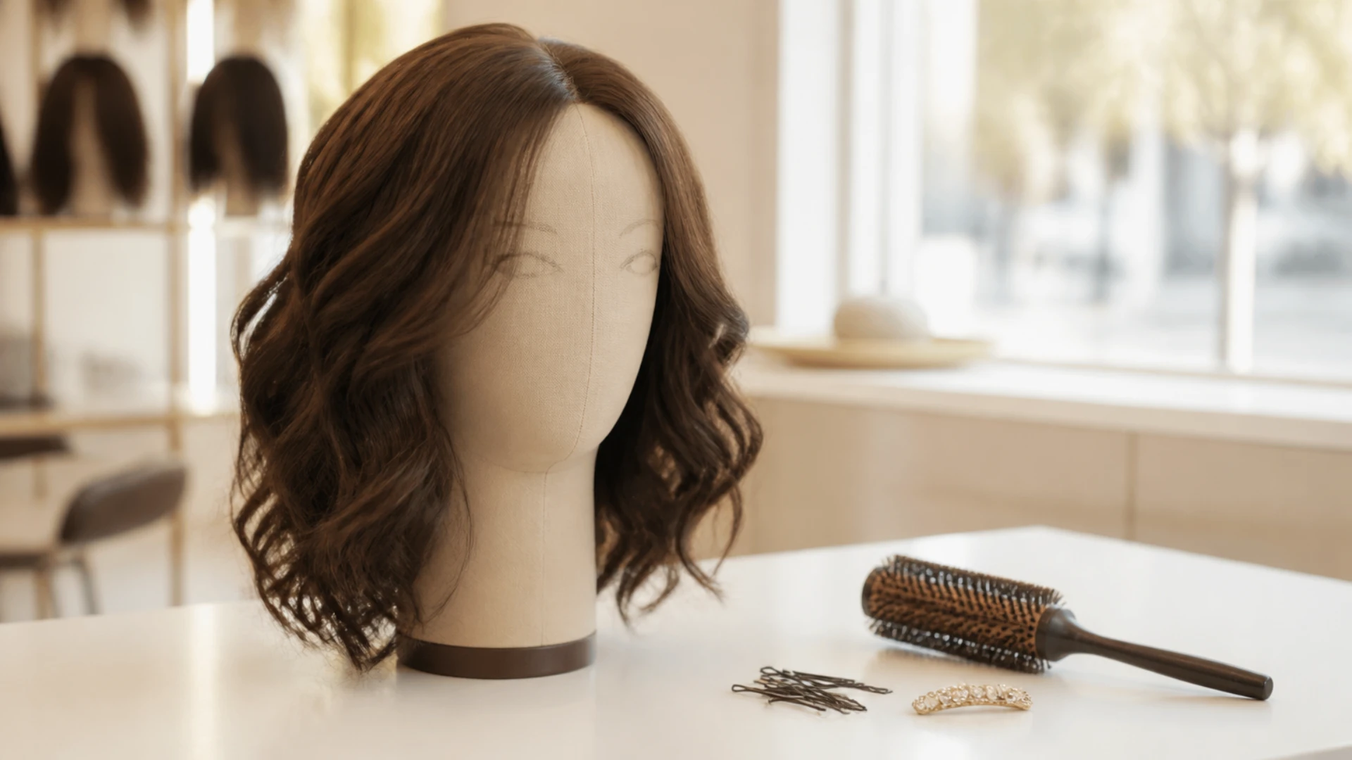 Perruque mi-longue en cheveux naturels coiffée en ondulations souples pour un mariage
