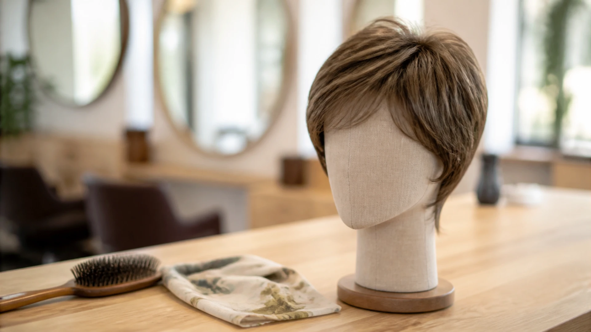 Perruque courte en cheveux naturels posée sur sa tête de rangement pendant la période de repousse