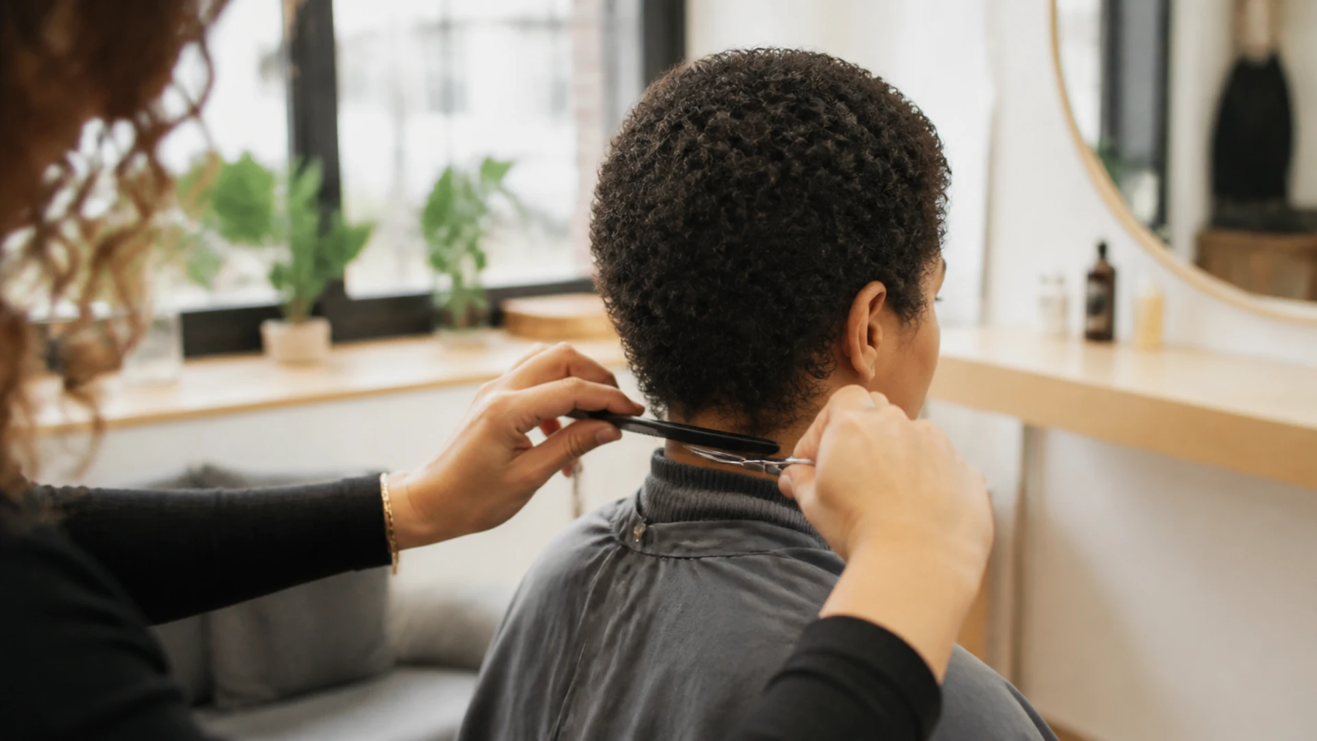 Première coupe d'égalisation sur des cheveux courts et frisés après une chimiothérapie